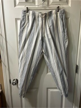 Eddie Bauer blue/white stripes Casual Drawstring linen Pants. Gathered at ankle